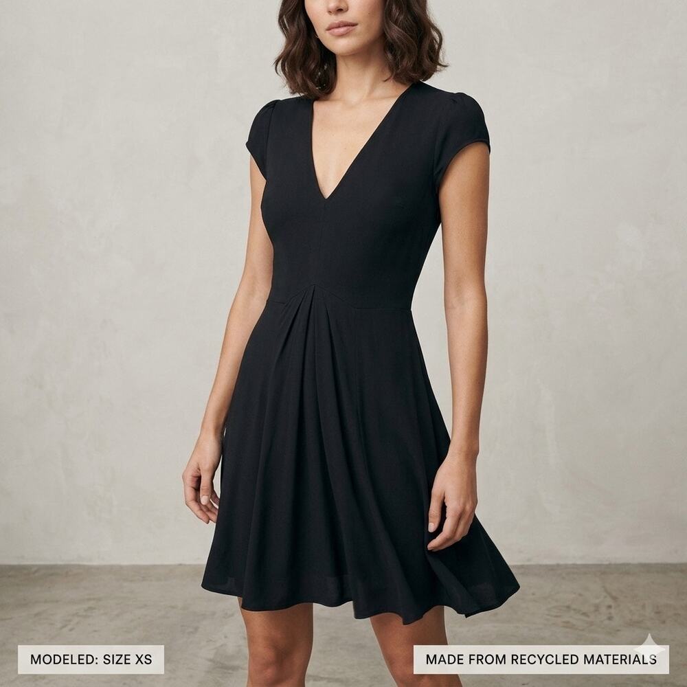 REFORMATION Black V-Neck Pleated Mini Dress XS Clean Girl Dark Academia